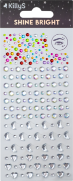 Naklejane dżety KillyS do makijażu: różnokolorowe, okrągłe oraz srebrne serca i księżyce na arkuszu.