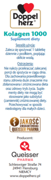 Białe, pionowe opakowanie suplementu diety Doppelherz Kolagen 1000, front, z logo serca i danymi producenta.