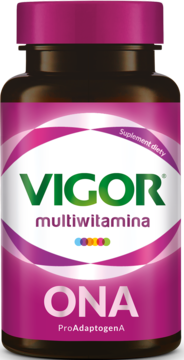 Brązowa butelka Vigor multiwitamina ONA dla kobiet, z magenta i purpurową etykietą, zielonym logo Vigor, widok z przodu.