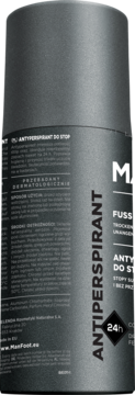 Ciemnoszara puszka ManFoot Antyperspirant do stóp. Widok z tyłu z etykietą i tekstem, 24h ochrona.