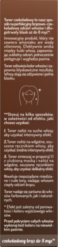 Widok na etykietę tonera do włosów czekoladowy brąz, utrzyma się do 8 myć. Biały tekst na ciemnobrązowym tle.