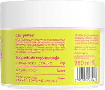 Tył białego opakowania maski do włosów Hair Power Regeneracja, zielono-żółta etykieta, 280 ml.