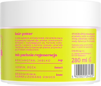 Tył białego słoiczka maski OnlyBio Hair Cycling Regeneracja 280ml, z zielono-żółtą etykietą i zapachem bergamotki.