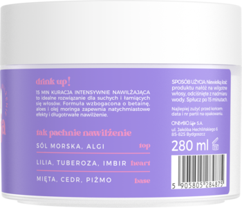Tył białej maski do włosów OnlyBio Hair Cycling Nawilżenie 280ml, z fioletową etykietą i tekstem o zapachu.
