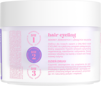 Zbliżenie na bok białej maski OnlyBio Hair Cycling Nawilżenie, z fioletowo-różowymi grafikami i tekstem Dzień Drugi.