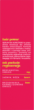 OnlyBio serum do włosów Hair Power Regeneracja, różowe opakowanie z żółtym tekstem, przód z listą składników i nutami zapachowymi.