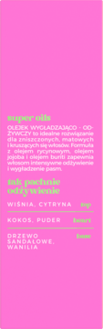 Opis olejku OnlyBio Hair Cycling na różowym tle: wygładzająco-odżywczy, z nutami wiśni, kokosu, wanilii.