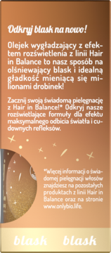 Reklama OnlyBio: olejek rozświetlający Hair in Balance z drobinkami, butelka częściowo widoczna na pomarańczowym tle.