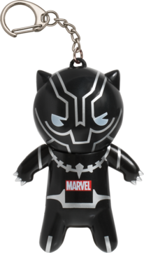 Brelok balsam do ust Marvel Czarna Pantera, czarna figurka z kocimi uszami i srebrnym logo, widok z przodu.