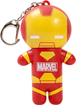 Balsam do ust Iron Man Marvel, czerwony brelok z żółtymi detalami, logo Marvel na klatce piersiowej, widok z przodu.