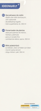 Biała etykieta opryskiwacza do roślin Ideenwelt 350ml z niebieskim logo i szarym tekstem produktowym.