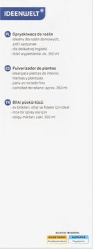 Etykieta opryskiwacza do roślin IDEENWELT z tekstem PL/ES/TR, opisuje delikatną mgiełkę i pojemność 350 ml.