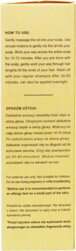 Tył beżowego opakowania olejku do włosów Sattva z pełną instrukcją użycia w językach angielskim i polskim oraz ostrzeżeniami.