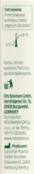 Boczny panel opakowania z zielonymi ikonami, instrukcjami przechowywania (5-25°C) i danymi Rossmanna.