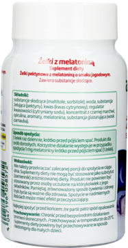 Tył białej butelki żelek melatoninowych, z czerwoną etykietą zawierającą instrukcje i skład produktu.