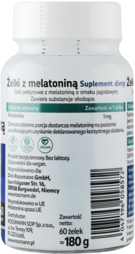 Tył opakowania białych żelek z melatoniną Rossmann, 60 szt., smak jagodowy, z widocznym składem, certyfikatami i kodem kreskowym.