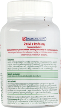 Tył białej butelki suplementu diety Żelki z kofeiną, z etykietą i instrukcjami w języku polskim.