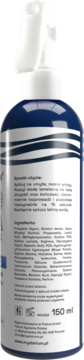 Tył niebieskiej butelki ekspresowej odżywki do włosów Mysterium ze sprayem. Etykieta z użyciem i składem, 150ml.