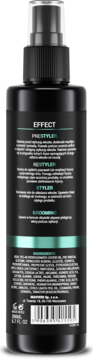 Tył czarnego sprayu do włosów dla mężczyzn Masveri True Builder, z opisem działania i składem.