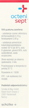 Tył białego opakowania Octenisept, płynu odkażającego, z polskim opisem składu i danych producenta.