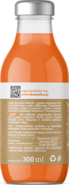 Tył butelki soku jabłkowo-marchwiowo-rokitnikowego Ekamedica z witaminą C, 300 ml, widoczny kod QR.