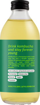 Fermentowana Kombucha Forever Young Classic Green w szklanej butelce, tył z zieloną etykietą i białym tekstem.