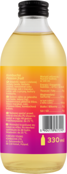 Tył butelki Kombuchy Passion Fruit z etykietą, składem, wartościami odżywczymi i kodem kreskowym 330 ml.