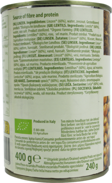 Tył puszki BIO soczewicy 400g w zalewie, widoczna etykieta ze składem i certyfikatem ekologicznym.