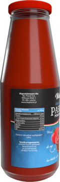 Passata pomidorowa Vitaliana w szklanej butelce, czerwony płyn, tył czarnej etykiety z białym tekstem i danymi.