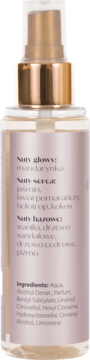 Tył szklanej butelki perfumowanej mgiełki Scent of Beauty No1 ze składnikami i nutami zapachowymi.