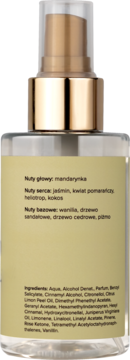 Tył szklanej butelki Scent of Beauty No1 mgiełki z złotym atomizerem, widoczne nuty zapachowe i składniki.