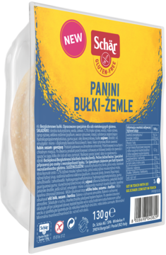 Nowe Schär Panini Bułki-Żemle bezglutenowe 130g, w przezroczystym opakowaniu, widok z przodu.