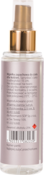 Tył przezroczystej butelki mgiełki zapachowej Scent of Beauty No5 ze złotym atomizerem i etykietą z kodem kreskowym.