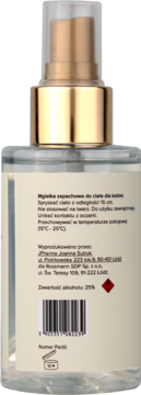 Scent of Beauty No5 mgiełka do ciała, tył przezroczystej butelki z polskim tekstem, kodem kreskowym i symbolem PAO.