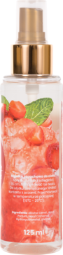 Tył przezroczystej butelki mgiełki Scent of Beauty Strawberry Champagne 125 ml ze złotym atomizerem i truskawkami.