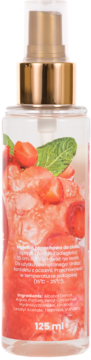 Tył mgiełki Scent of Beauty Strawberry Champagne 125ml w przezroczystej butelce z truskawkami i miętą.