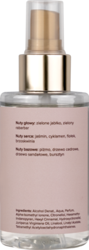 Tył szklanej mgiełki perfumowanej Scent of Beauty No4, 125ml, z etykietą pokazującą nuty zapachowe i składniki.