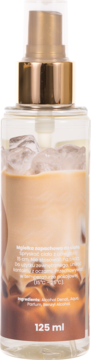 Mgiełka Scent of Beauty Caffe Latte 125ml w przezroczystej butelce ze złotym atomizerem, płyn jak kawa z lodem, widok z przodu.