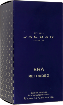 Męska woda perfumowana Jaguar Era Reloaded w granatowym pudełku, widok z przodu i z lewej strony.