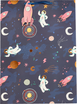 Granatowa torebka prezentowa z kolorowym wzorem kosmicznym: rakiety, astronauci, planety, księżyce, widok przodem.