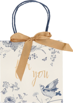 Elegancka torebka prezentowa w kwiaty z napisem "For you", beżowa kokarda i niebieski uchwyt, widok z przodu.