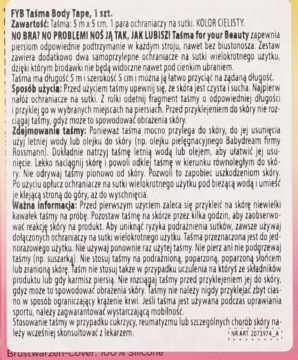 Instrukcja użycia taśmy FYB Talma Body Tape w kolorze cielistym, tekst na białym tle, widok z góry.