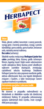 Etykieta syropu Herbapect junior bez cukru, pomarańczowa z malinami i napisem "SYROP", widok z przodu.