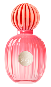Perfuma Banderas The Icon Splendid: różowa butelka z pionowymi żłobieniami, żebrowany korek, widok z przodu.