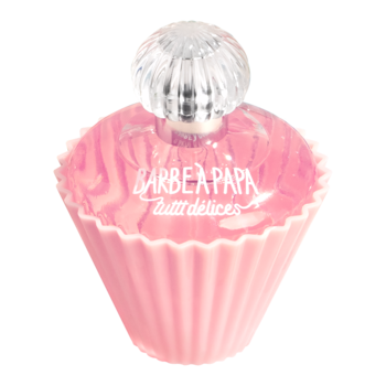 Tutti Delices Barbe A Papa, woda toaletowa, różowa butelka w kształcie babeczki, zapach waty cukrowej, widok przodem.
