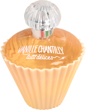 Woda toaletowa Tutti Delices Vanille Chantilly EDT, butelka w kształcie babeczki z bursztynowym płynem, widok z przodu.