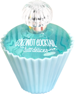 Tutti Délices Coconut Cocktail woda toaletowa w jasnoniebieskiej butelce w kształcie babeczki, widok z przodu.
