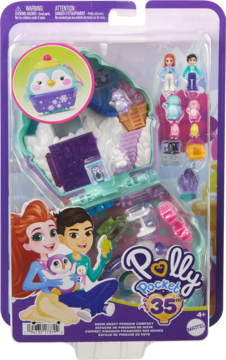 Polly Pocket Śnieżna kula: otwarty zestaw w blistrze, turkusowa obudowa z białym wnętrzem i figurkami.