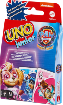 Pudełko gry karcianej UNO Junior Psi Patrol Mighty Movie, dla dzieci. Czerwono-niebieskie, z grafikami Skye i Chase.