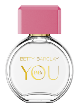 Betty Barclay Even You woda toaletowa, okrągła szklana butelka z różową nakrętką i złotym napisem, widok z przodu.